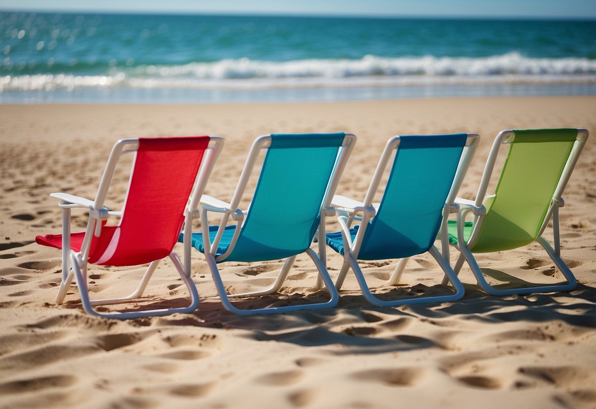 A sunny beach with calm, clear water. Five lightweight snorkeling chairs placed on the sand, each with a view of the ocean