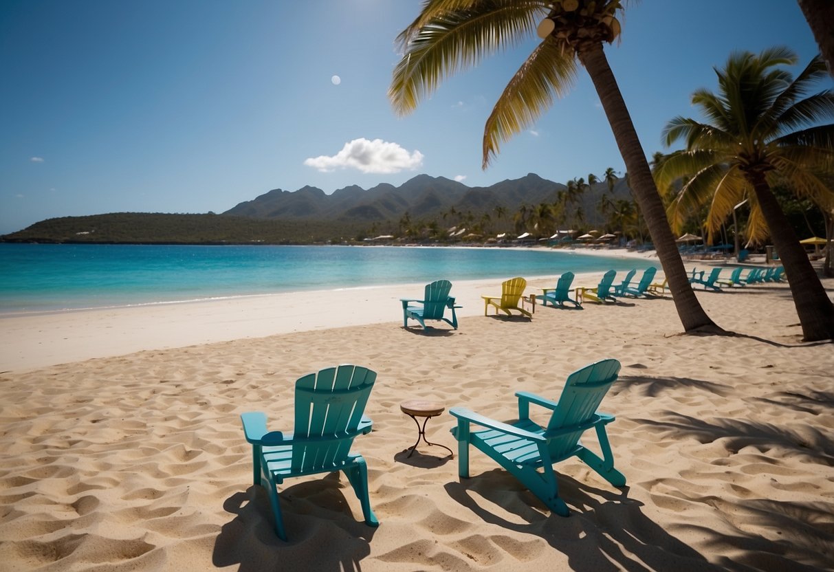 A beach with clear blue water, a sandy shore, and a few lightweight snorkeling chairs scattered around. The chairs vary in design and color, with a backdrop of palm trees and a bright sky