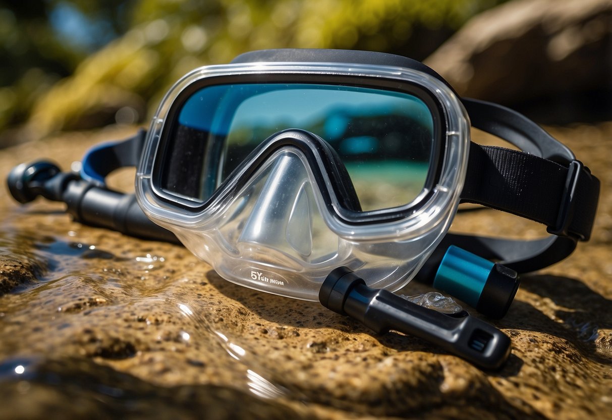 Crystal clear water surrounds a snorkel mask, fins, compass, dive watch, waterproof map, underwater camera, flashlight, whistle, signal mirror, and waterproof bag