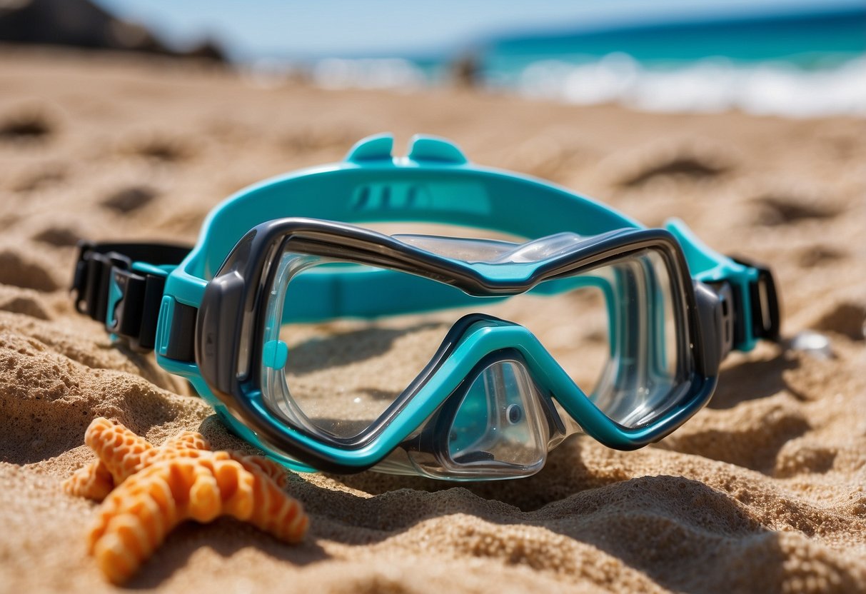 Aqua Lung Sport Snorkel Set displayed with 10 essential navigation tools on a sandy beach with clear turquoise water and colorful coral reefs