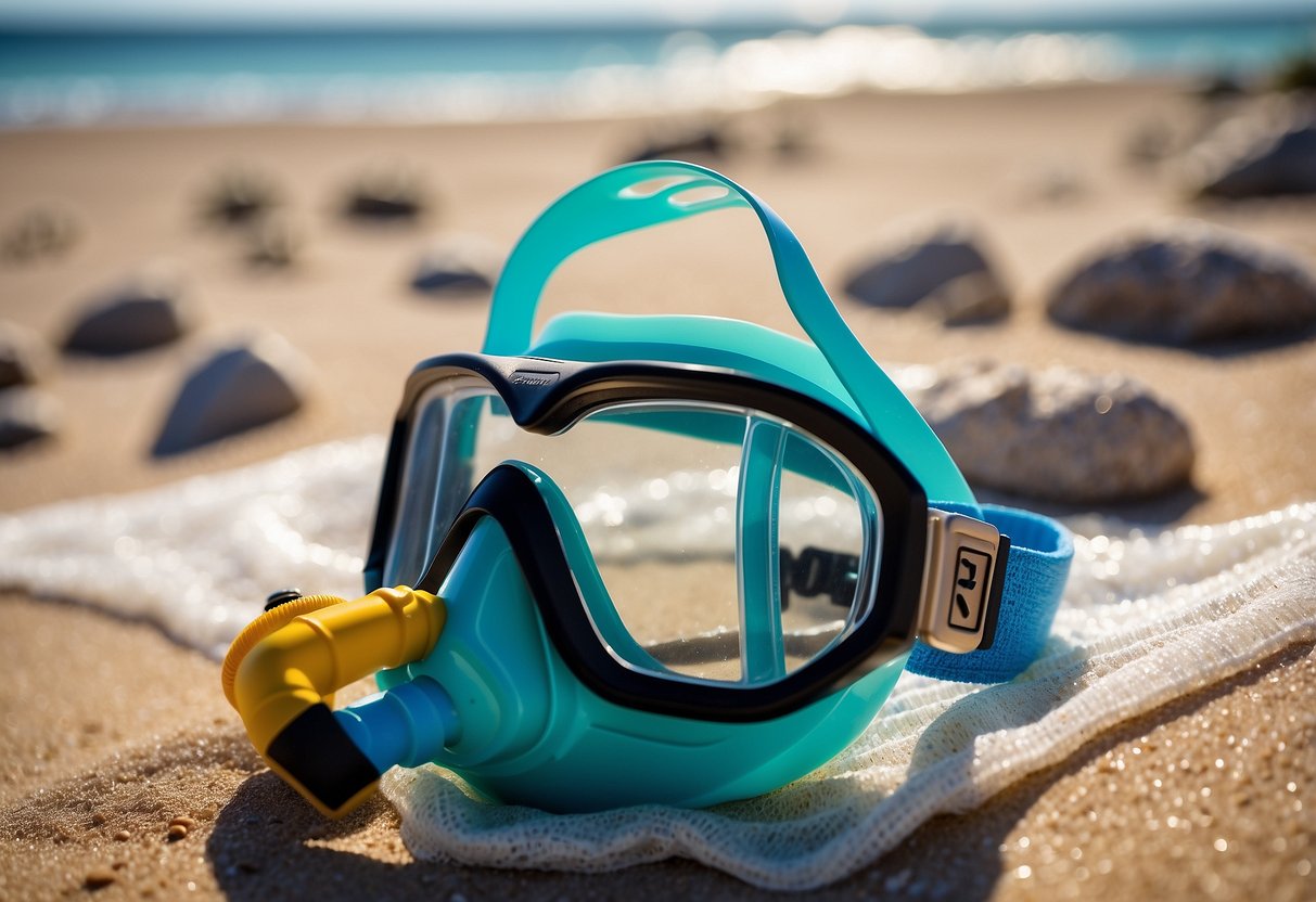 A snorkel mask sits on a sandy beach next to a compass, map, and other navigation tools. The crystal-clear water and colorful marine life can be seen in the background