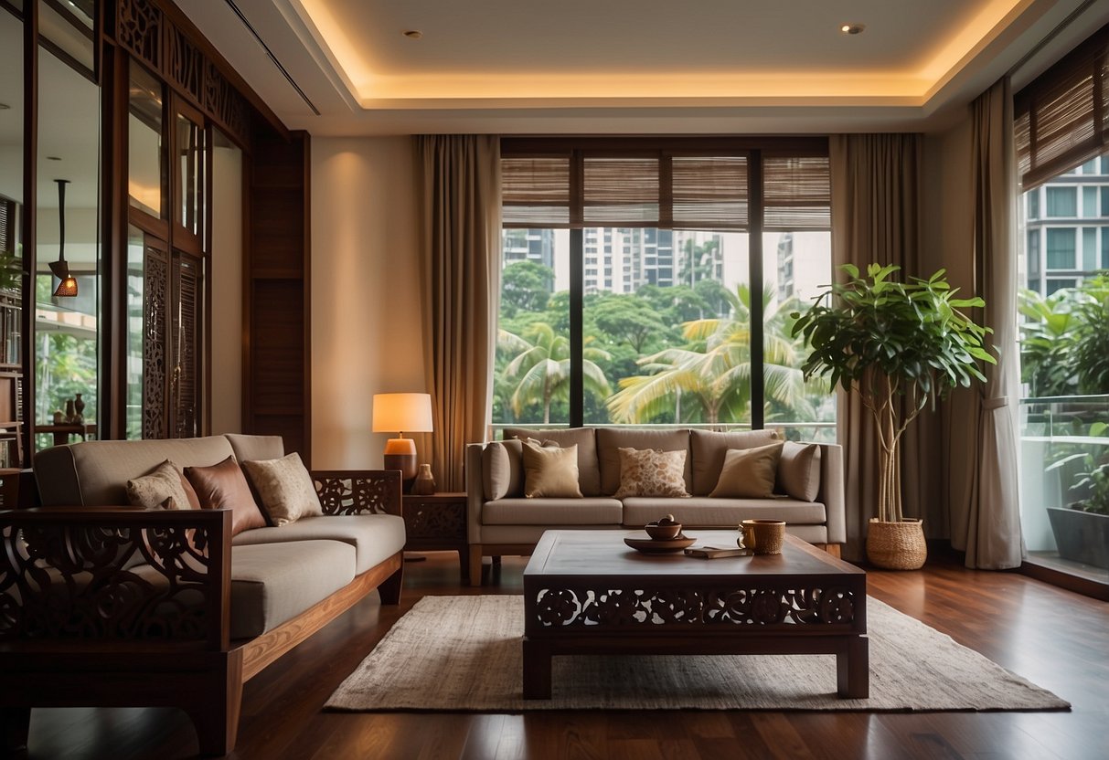 A cozy living room with Indonesian wood furniture in a modern Singaporean apartment. The warm wood tones and intricate carvings create a serene and elegant atmosphere