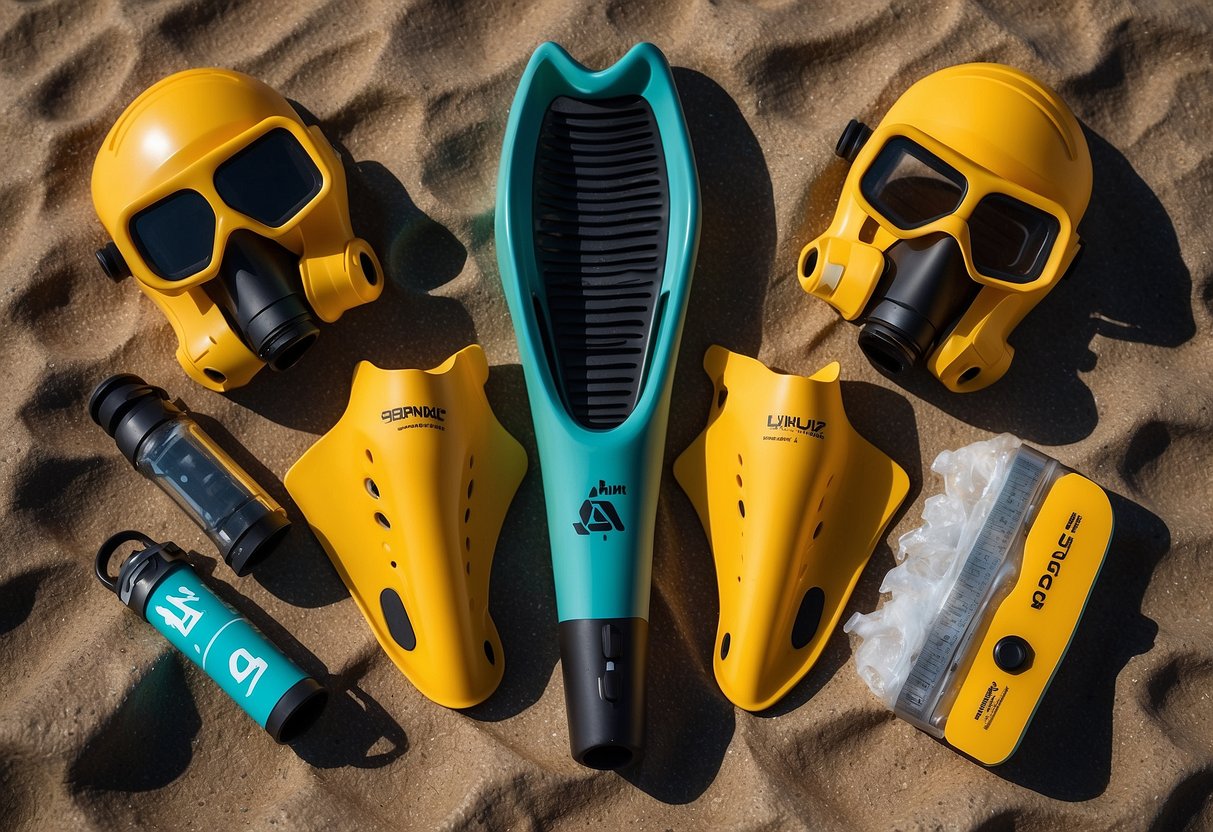 The Atomic Aquatics Split Fins are laid out next to 10 essential navigation tools for snorkeling trips