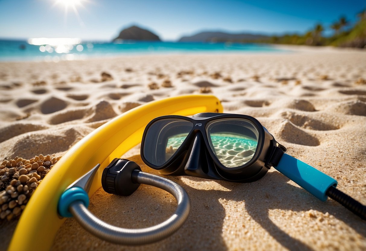 A snorkel vest and navigation tools lay on a sandy beach, surrounded by colorful coral and crystal-clear water. The sun shines brightly overhead, creating a perfect setting for a snorkeling adventure