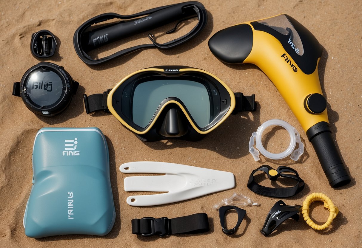 A snorkeler's gear spread out on a sandy beach: snorkel, mask, fins, waterproof navigation tools, and a dry top with the brand name "FINIS" prominently displayed