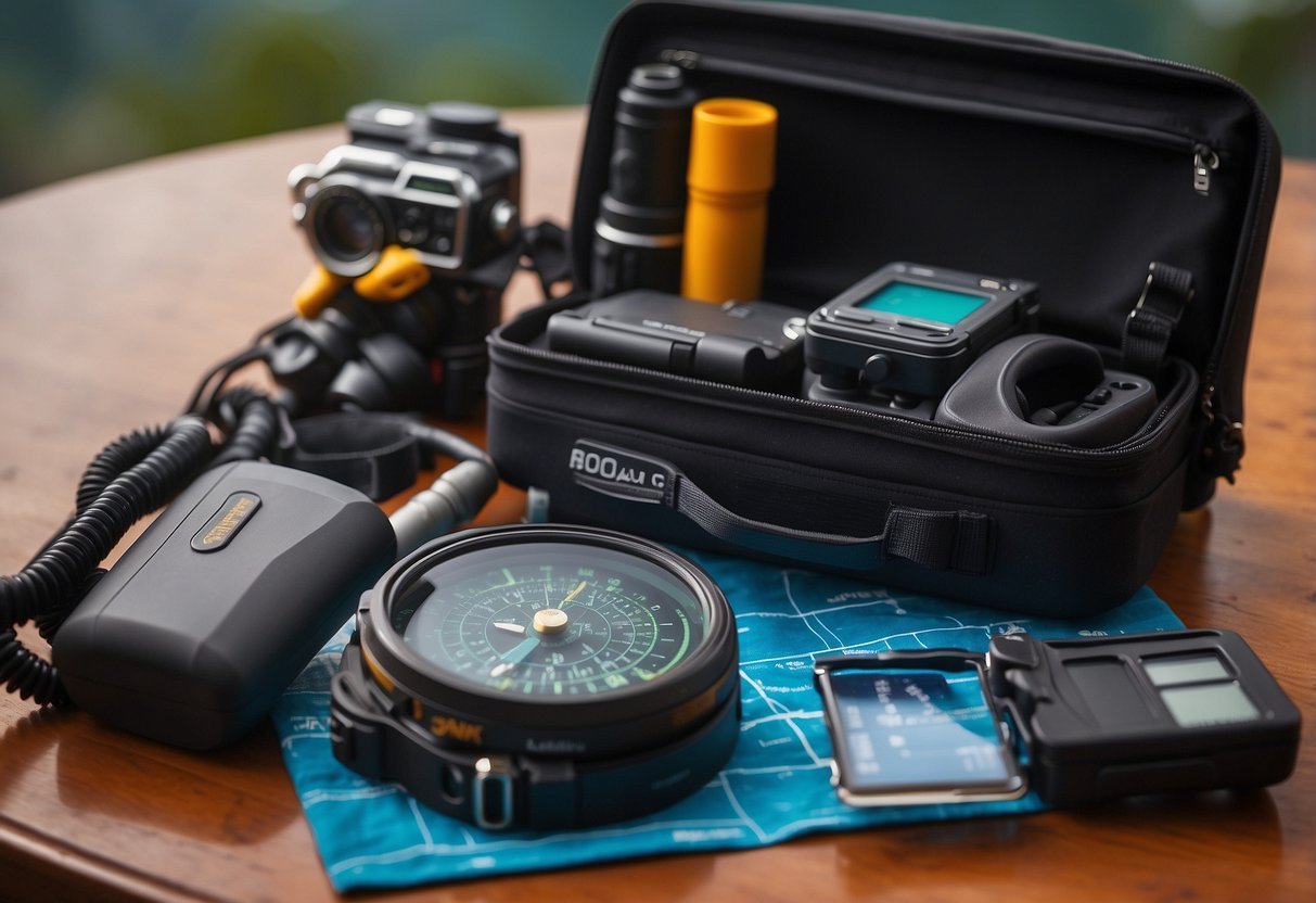 A dive computer sits on a table surrounded by essential navigation tools for snorkeling. A compass, map, and underwater camera are arranged neatly next to the Oceanic Geo 4.0