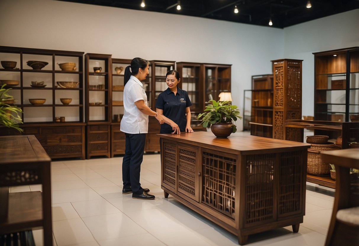 A customer admires Indonesian wood furniture in a Singapore showroom, while a service staff member assists with product information