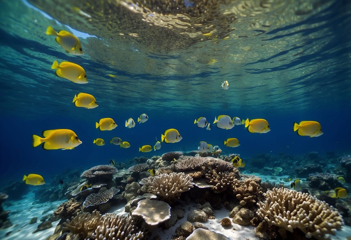 A clear blue ocean with colorful coral reefs and schools of fish, with a U.S. Divers Lux Purge LX Mask and essential snorkeling tools floating above the seabed