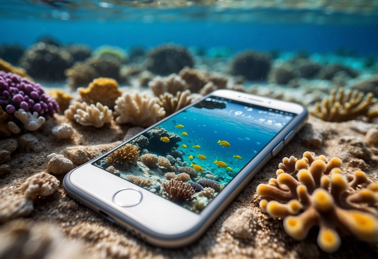 Crystal clear water with colorful coral and fish. Essential navigation tools laid out on a beach towel: snorkel, mask, fins, compass, map, GPS, dive watch, whistle, flashlight, and waterproof phone case