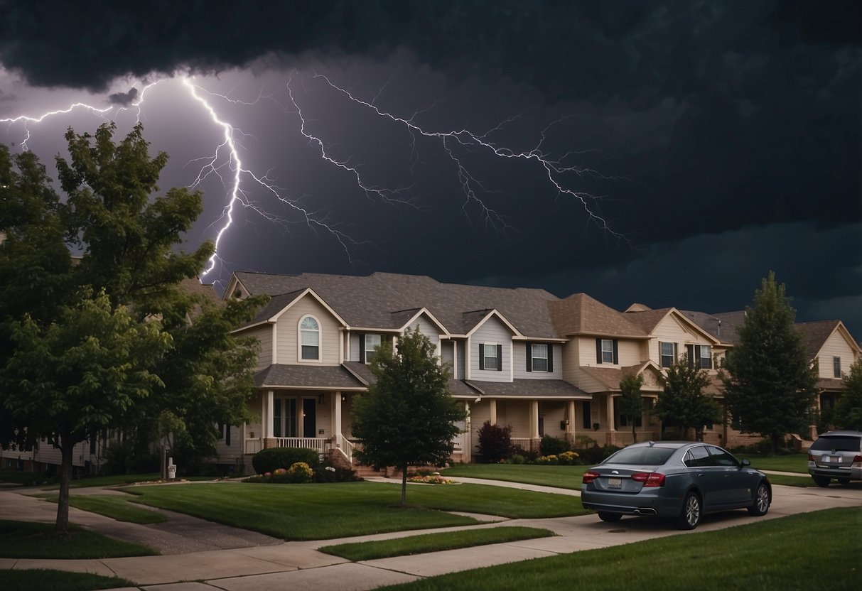 Dark clouds loom over a suburban neighborhood. Trees sway in the wind as lightning flashes in the distance. A family secures their home, bringing in outdoor furniture and closing windows