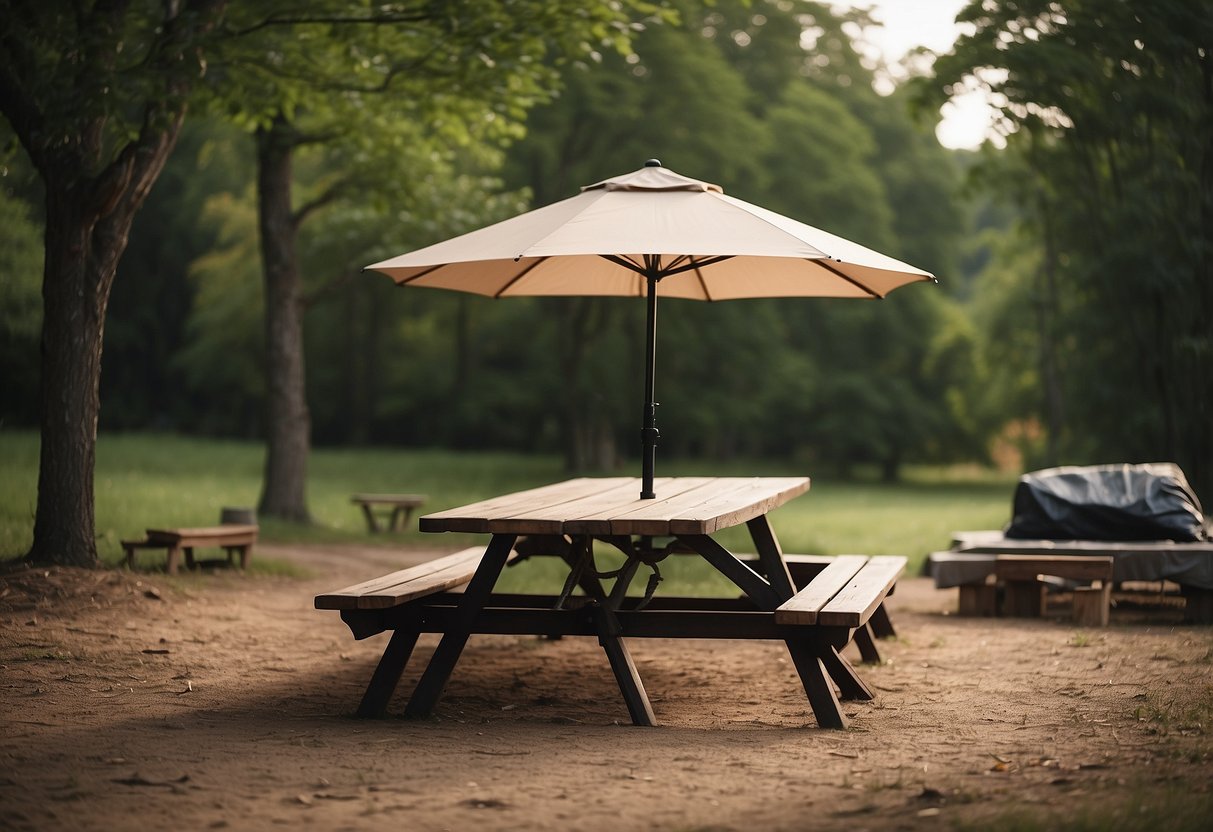 A sturdy picnic table anchored to the ground with ropes, a securely closed umbrella, a tightly fastened tent, and a weighted down grill cover