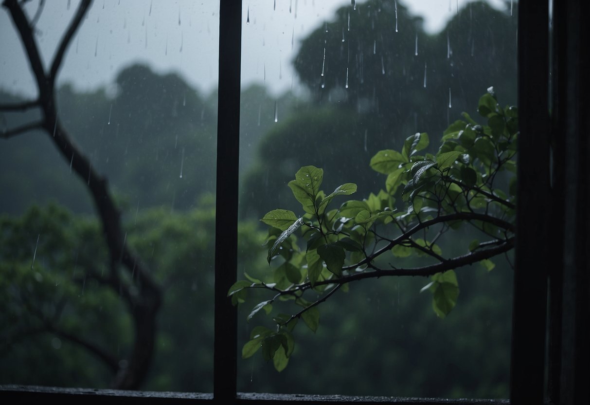 A dark stormy sky looms outside as rain pelts against the windows. The wind howls and branches sway violently, while the scene inside remains calm and safe