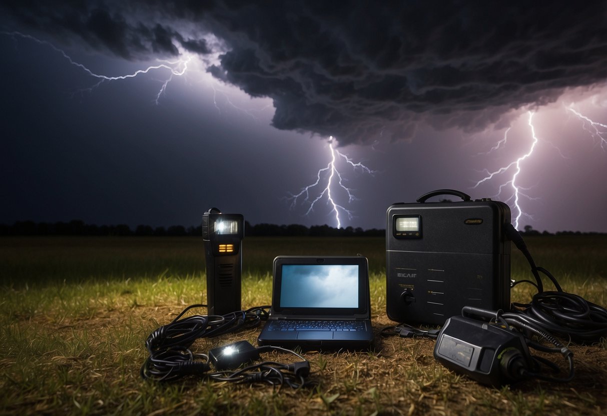 Dark storm clouds loom overhead as lightning strikes in the distance. A power strip with various devices plugged in sits next to a flashlight and emergency kit