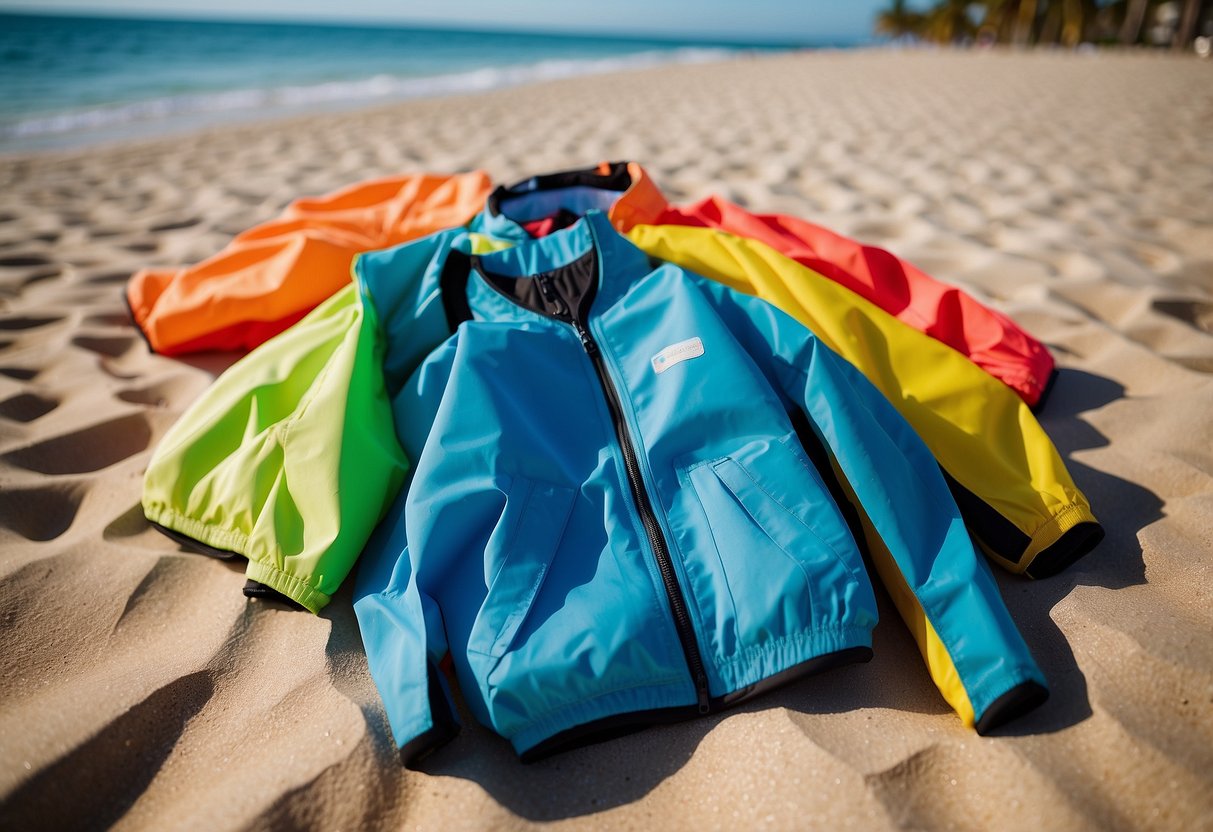 Bright, sunny beach with clear blue water. Five colorful lightweight snorkeling jackets laid out on the sand. Palm trees in the background