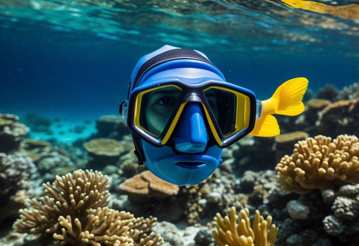 A bright blue Cressi Lightweight Snorkeling Jacket floats on crystal-clear water, surrounded by colorful fish and vibrant coral reefs