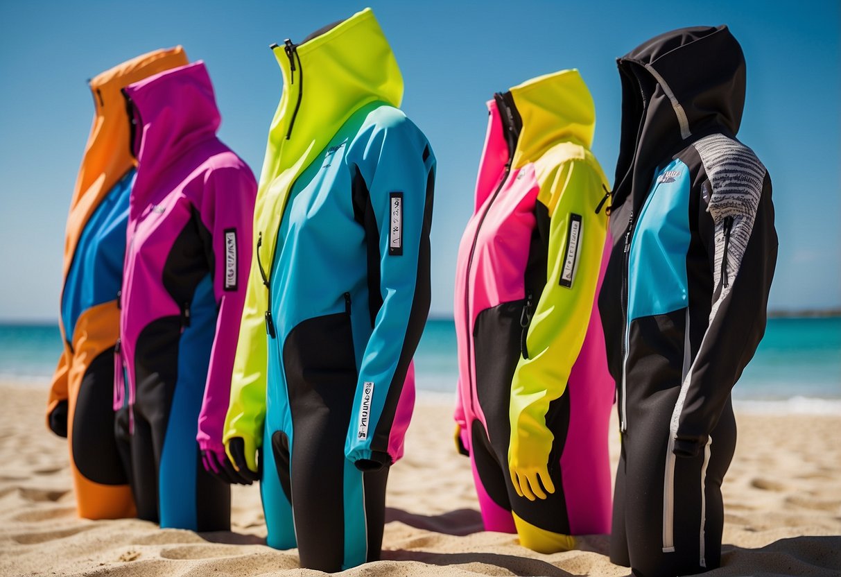 A group of colorful lightweight snorkeling jackets by Mares Pure Instinct arranged on a sandy beach with crystal clear waters in the background