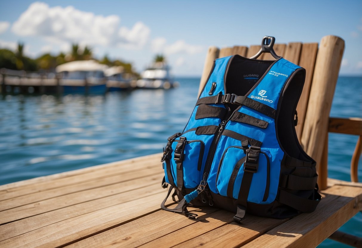 A bright blue Scubapro Cruiser Vest hangs on a wooden dock, surrounded by snorkeling gear and a calm ocean backdrop