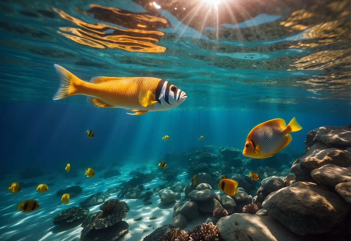 A colorful O'Neill Superlite Jacket floats on crystal-clear water, surrounded by vibrant coral and tropical fish. Sunlight beams down, casting dappled shadows on the ocean floor