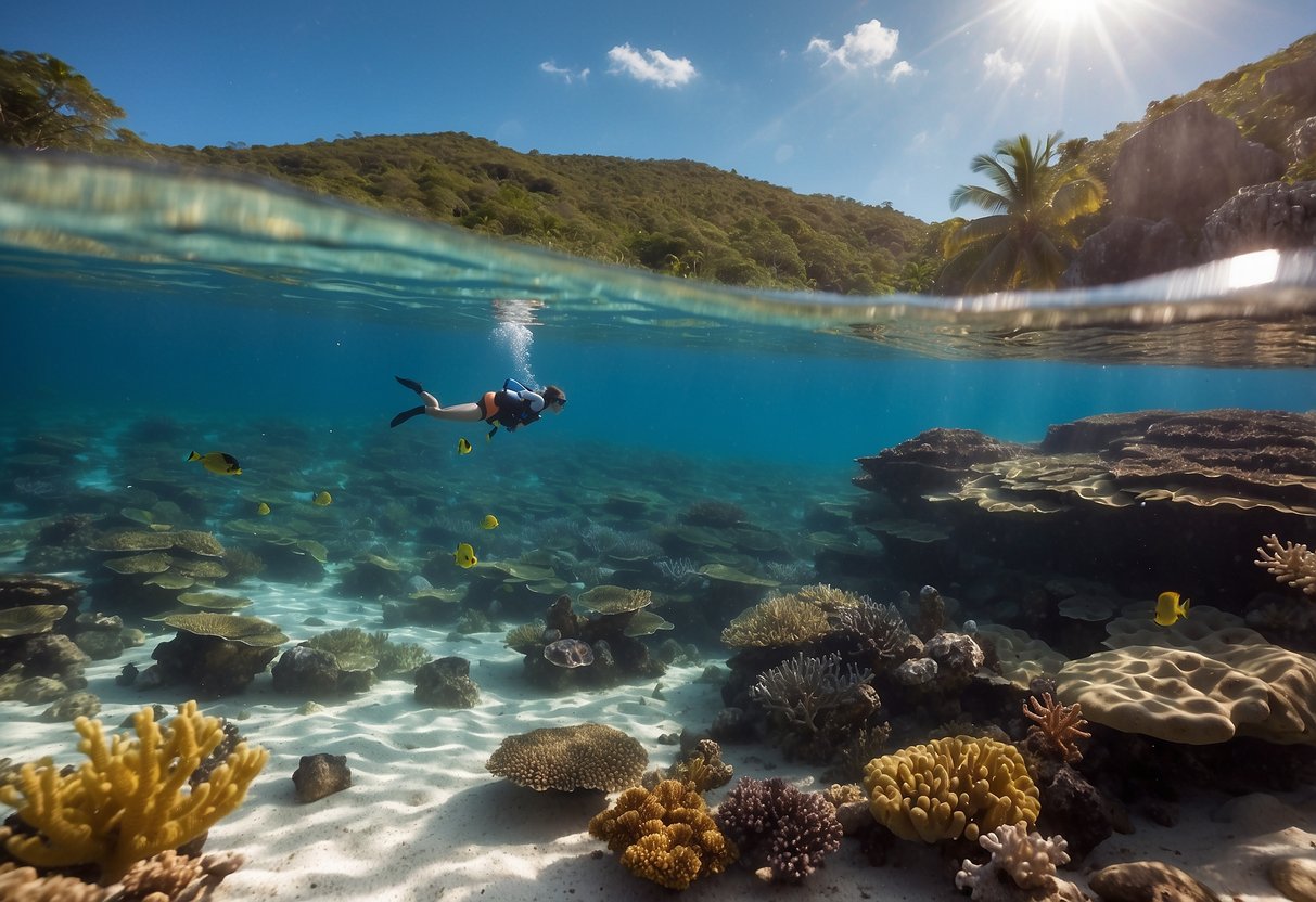 A tropical beach with crystal-clear water, where colorful fish and coral reefs can be seen. A person is wearing a lightweight snorkeling jacket, effortlessly gliding through the water