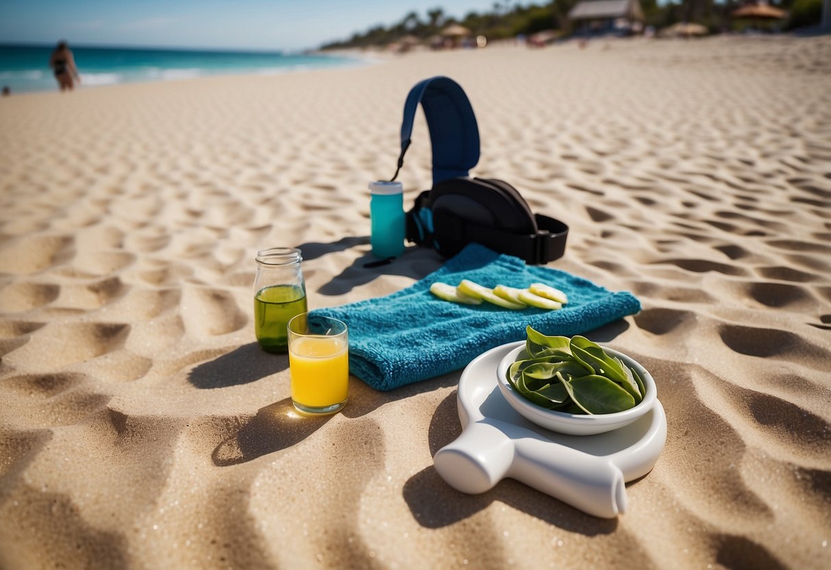 A snorkeler sits on a sandy beach, sipping water and eating a snack. Nearby, a towel, sunscreen, and aloe vera gel are laid out for post-snorkel recovery