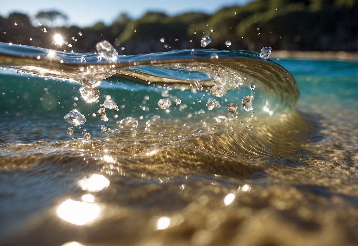 Crystal clear water cascades down from a freshwater hose, rinsing off snorkeling gear on a sandy beach