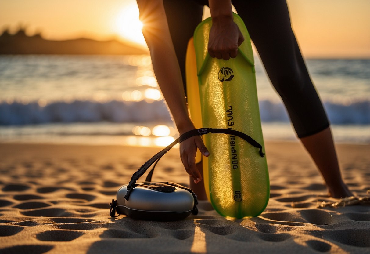 A person stretching on a sandy beach, with snorkeling gear nearby. The sun is setting, casting a warm glow on the scene. Waves gently crash in the background