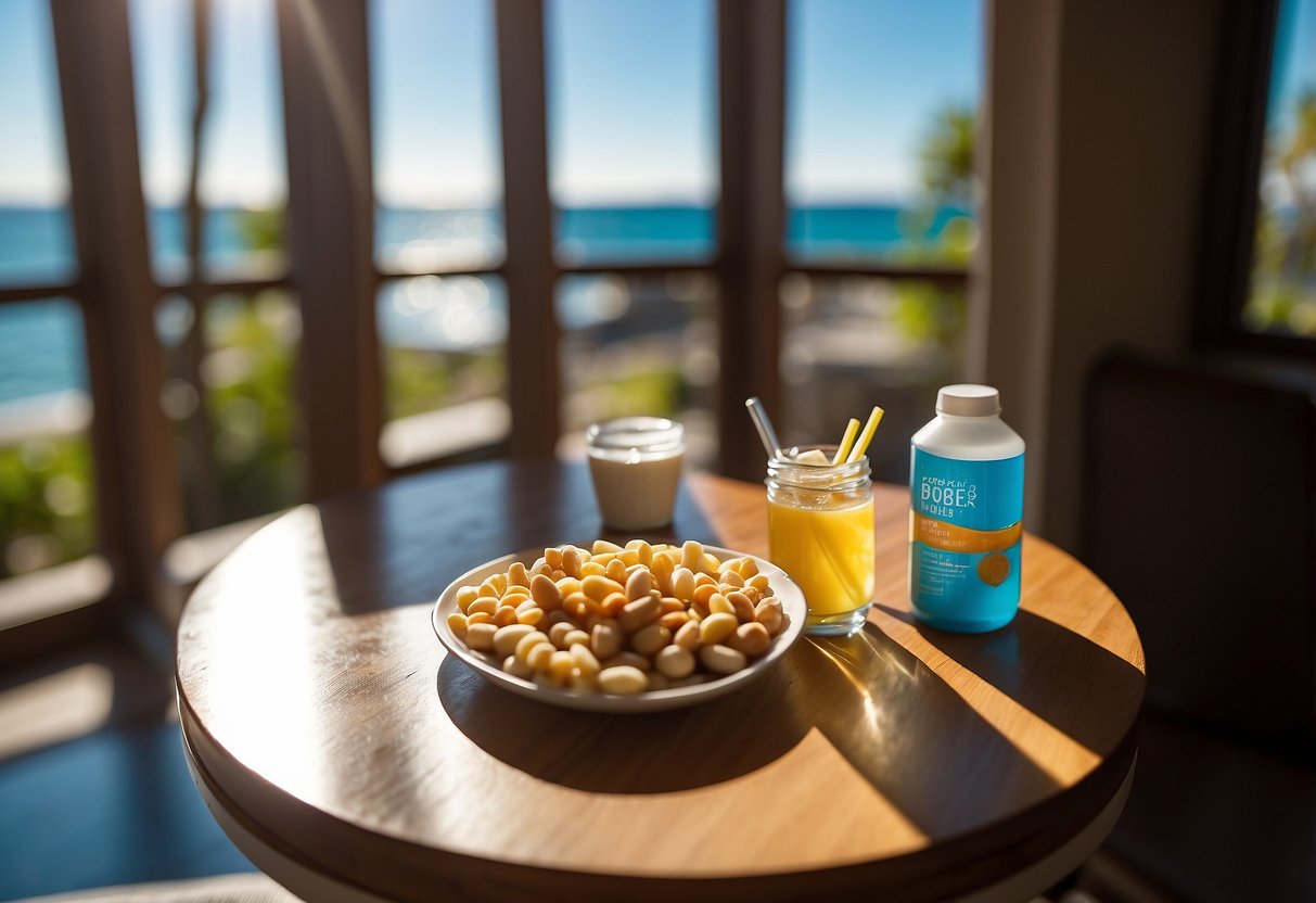 A protein snack sits on a table next to a snorkel gear. The sun shines through a window, casting a warm glow on the scene