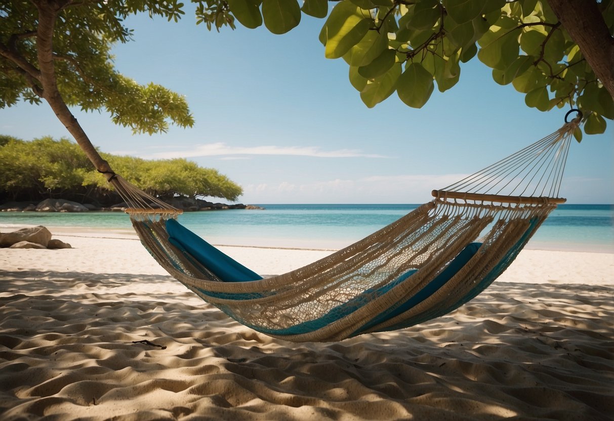 A tranquil beach scene with a hammock under a leafy tree, snorkeling gear scattered on the sand, and a refreshing drink nearby