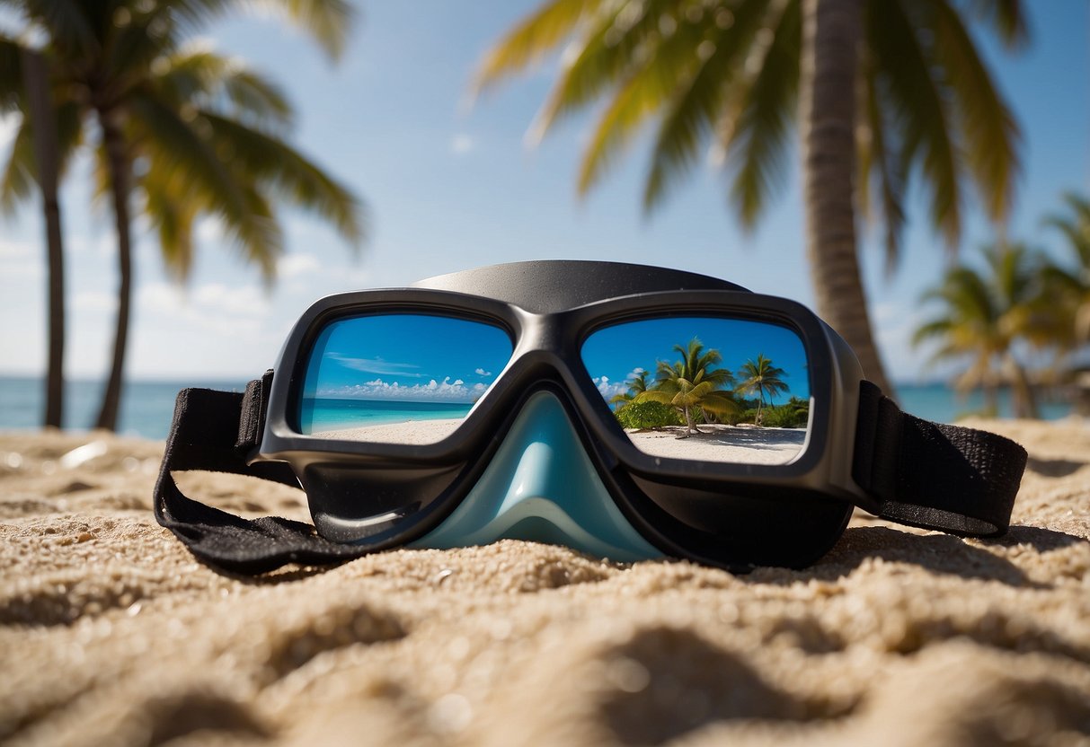 A person lies on a beach towel with a cooling eye mask over their eyes. Snorkel gear is scattered nearby. The ocean and palm trees are in the background