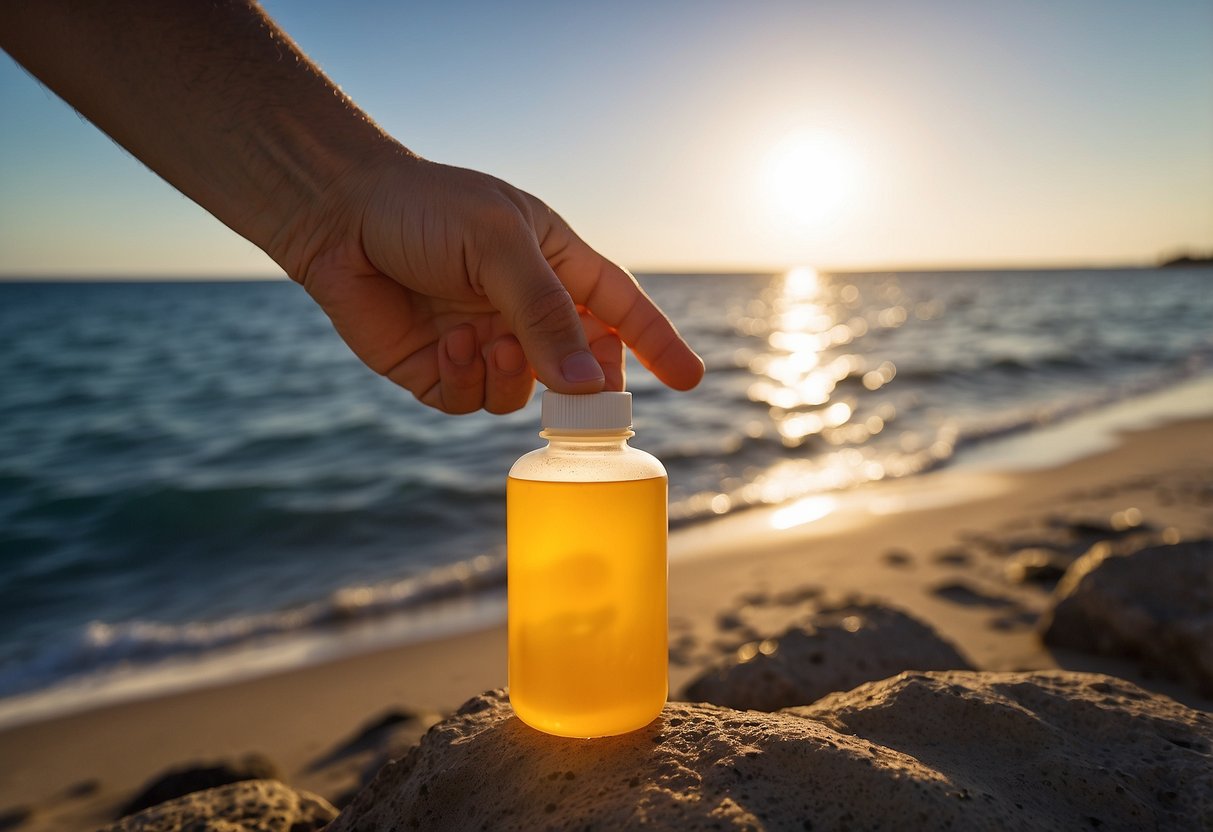 A hand squeezes arnica gel onto a sore muscle. Snorkel gear sits nearby. Ocean background with sun setting