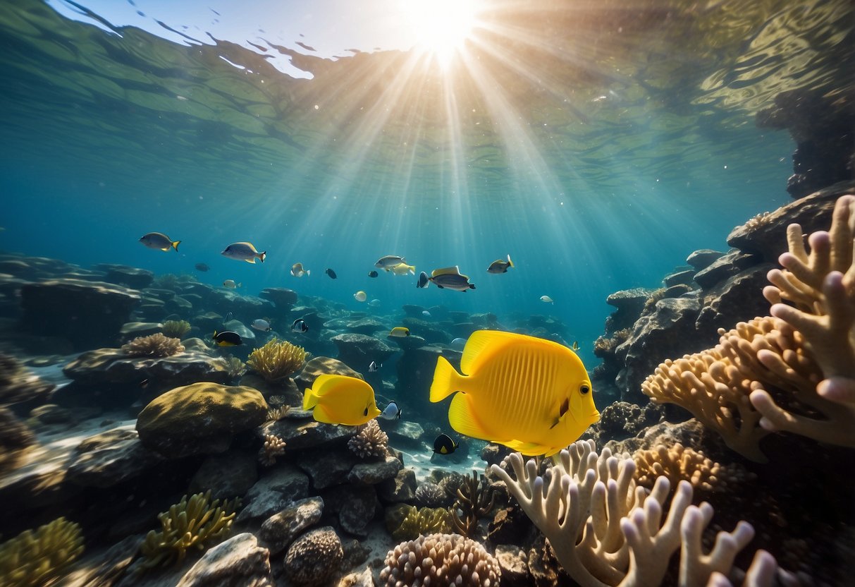 A serene underwater scene with a snorkel floating on the surface, surrounded by colorful coral and fish. Sunlight filters through the water, creating a peaceful and tranquil atmosphere for post-snorkel recovery