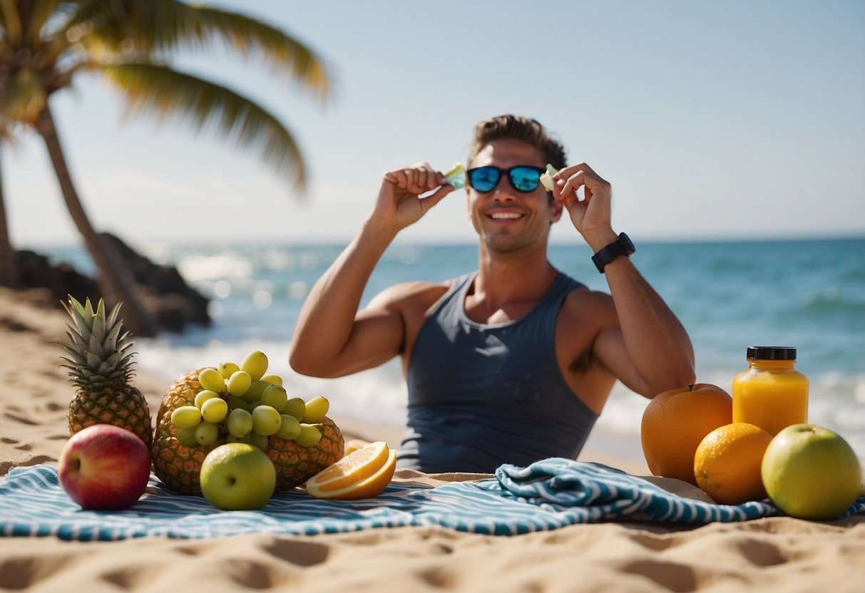 A snorkeler sits on a beach towel, surrounded by fresh fruit, water bottles, and a protein bar. The sun is shining, and the ocean waves can be seen in the background