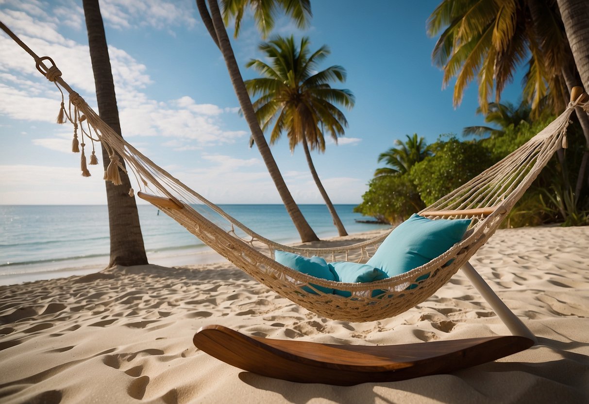 A serene beach with calm waves, a snorkel gear lying on the sand, and a person lounging in a hammock with a refreshing drink