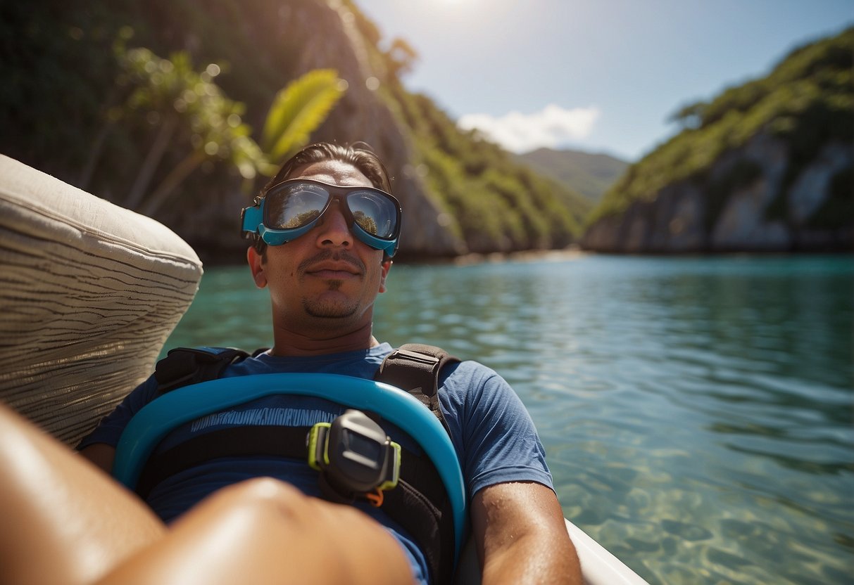 The scene shows a snorkeler resting in the shade, sipping water, applying sunscreen, and wearing protective clothing after snorkeling. The sun is high in the sky, and the water is calm