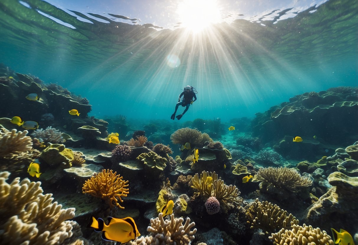 Clear blue waters with vibrant coral reefs below. Sunlight beams through the surface, illuminating colorful fish swimming among the marine life. A snorkeler glides effortlessly, taking in the beauty of the underwater world