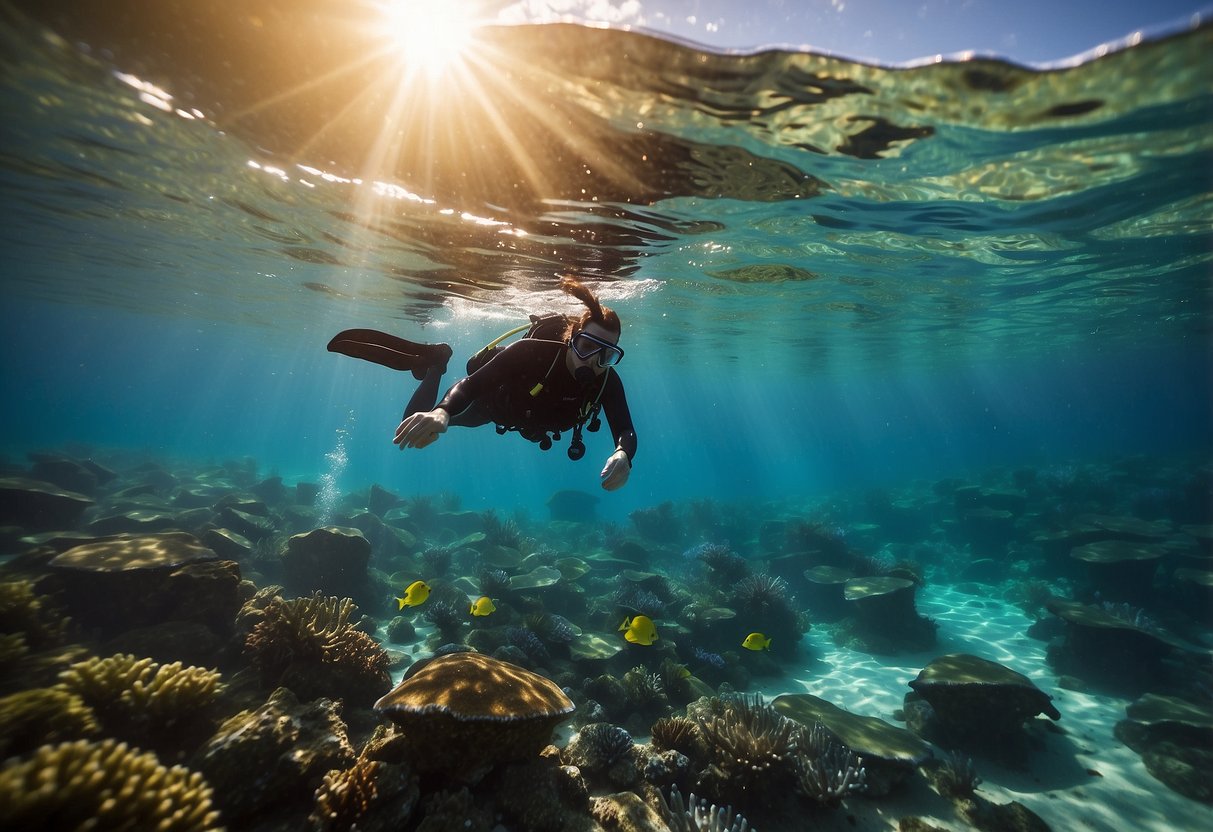 A snorkeler swims towards a distant buoy, with clear blue water and vibrant marine life surrounding them. The sun shines brightly overhead, casting a warm glow on the scene