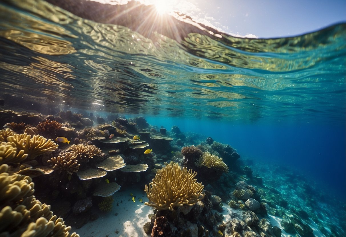 A snorkel itinerary: crystal clear water, vibrant coral reefs, colorful fish, and a serene underwater world. Sunshine, calm waves, and a sense of adventure