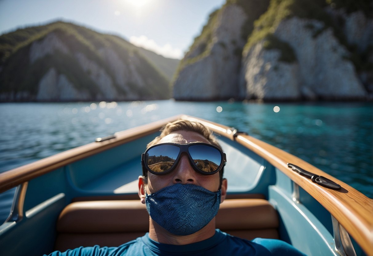 A snorkeler taking a break on a boat, surrounded by calm blue waters. Snorkeling gear is neatly arranged nearby. The sun is shining, creating a serene and peaceful atmosphere