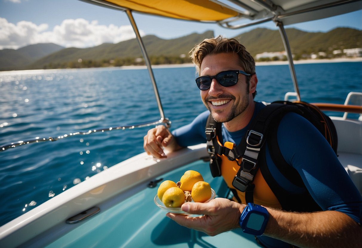 A snorkeler on a boat eating fruits and nuts, surrounded by clear blue water and colorful marine life. The sun is shining, and the snorkeler looks energized and motivated