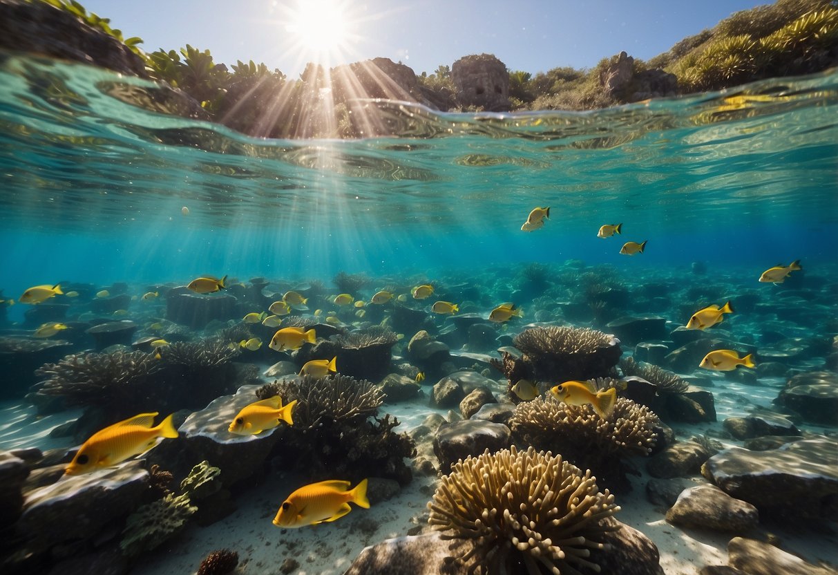 A group of snorkelers swim closely together, following safety tips. The water is clear and calm, with colorful fish and coral below. The sun shines brightly, casting dappled light on the ocean floor