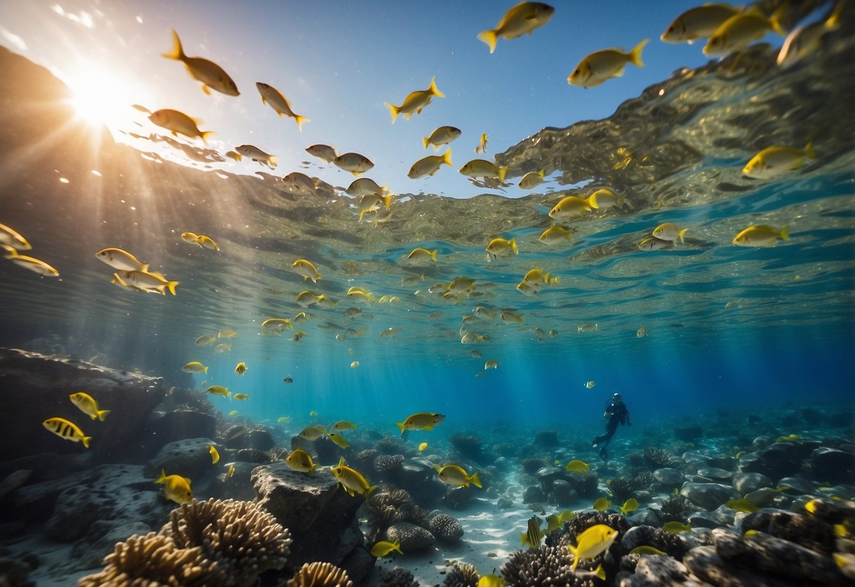 Crystal clear water, vibrant coral reefs, and schools of colorful fish surround a lone snorkeler. The sun shines down, casting a warm glow on the underwater paradise