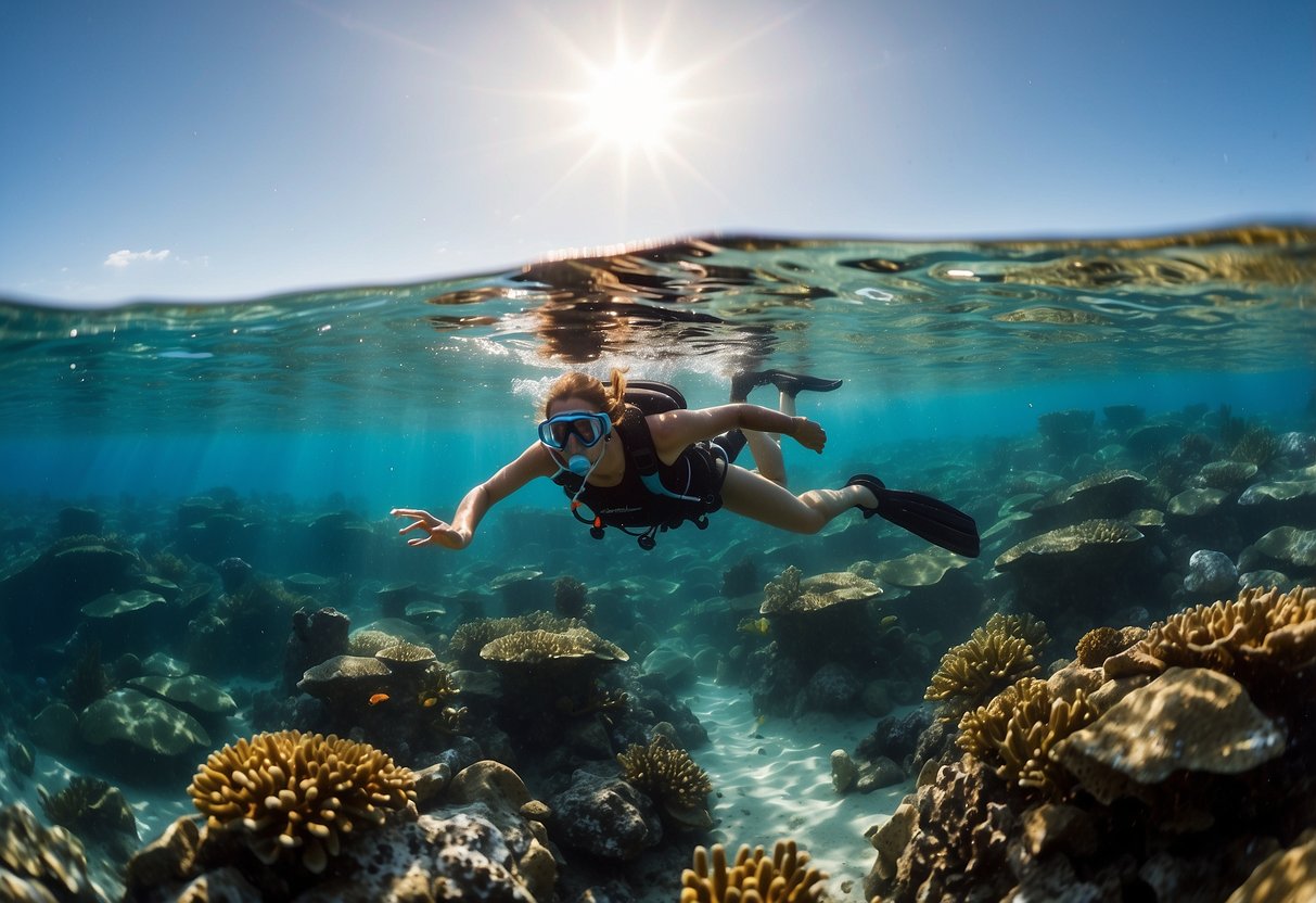 Crystal clear waters surround a snorkeler exploring vibrant coral reefs. The sun illuminates the underwater world as the snorkeler glides effortlessly through the sea, staying motivated on their long journey