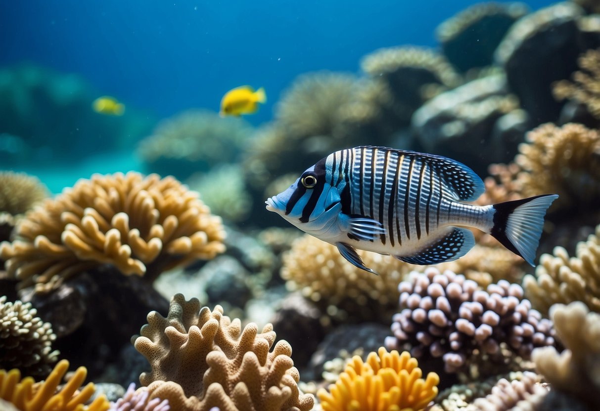 Clear blue water, colorful coral, and a variety of fish. Comfortable snorkeling pants in action, providing ease of movement and protection