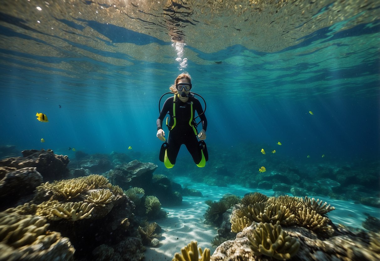 Crystal-clear water surrounds the figure, wearing Aqua Lung Sport AquaFlex 5 snorkeling pants, as they explore the vibrant underwater world