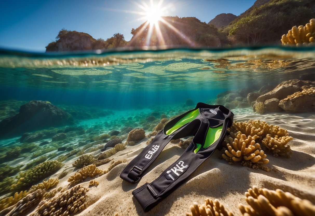 A pair of Scubapro Everflex 5 snorkeling pants lays on a sandy beach, surrounded by colorful coral and crystal-clear water. The sun shines down, casting a warm glow on the scene