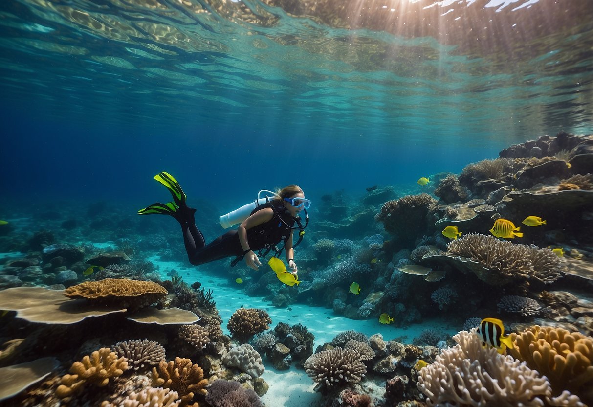 Crystal clear water, colorful coral reefs, and a serene underwater world with a snorkeler wearing Cressi Castoro 5 pants, surrounded by marine life