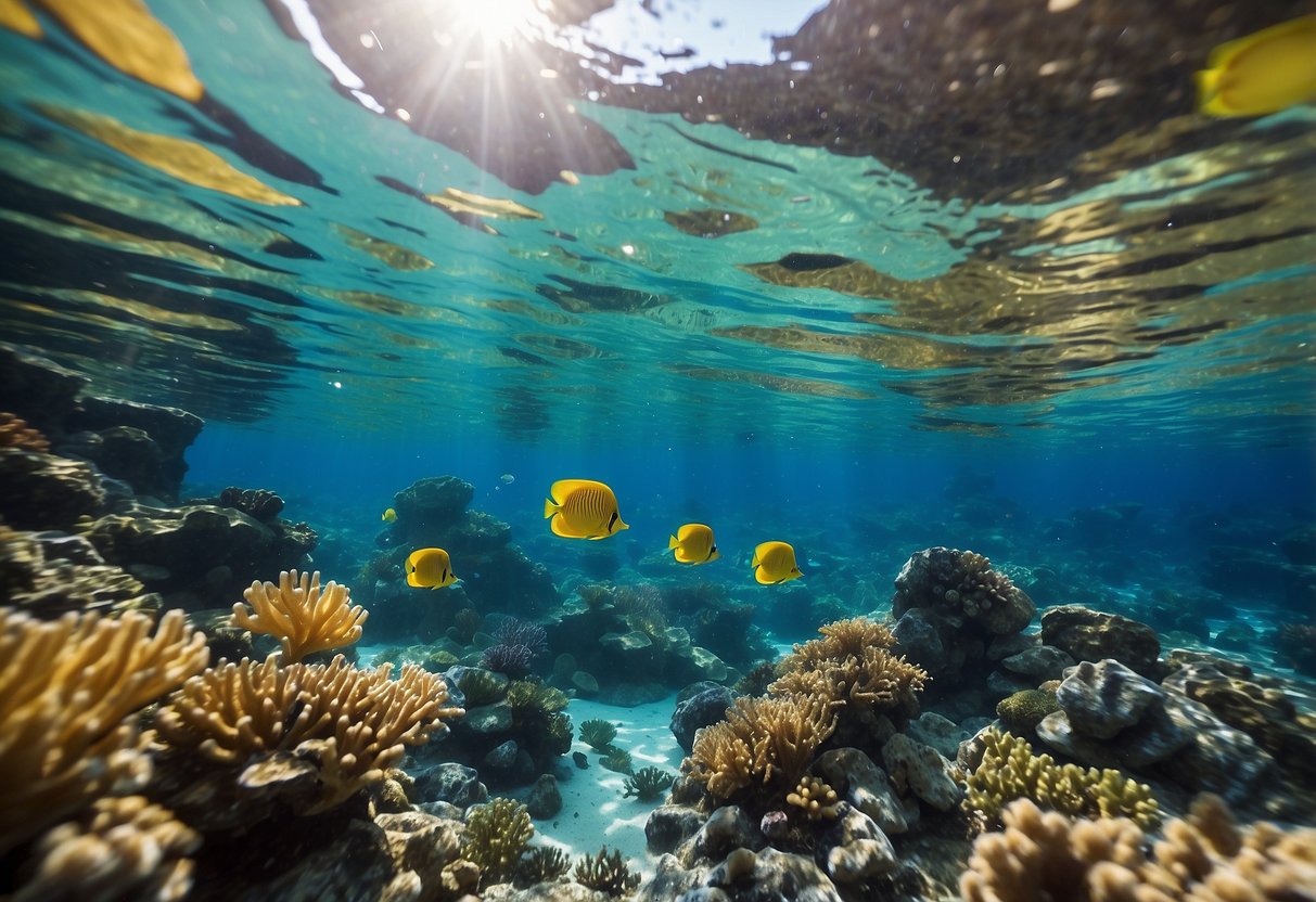 Crystal clear water with colorful coral reefs, a pair of Henderson Thermoprene 5 snorkeling pants floating effortlessly, surrounded by tropical fish