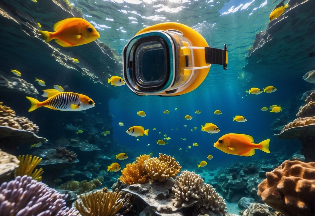 Crystal clear water, colorful coral, and schools of fish surround a pair of snorkeling pants. The pants are designed for comfort and ease of movement underwater