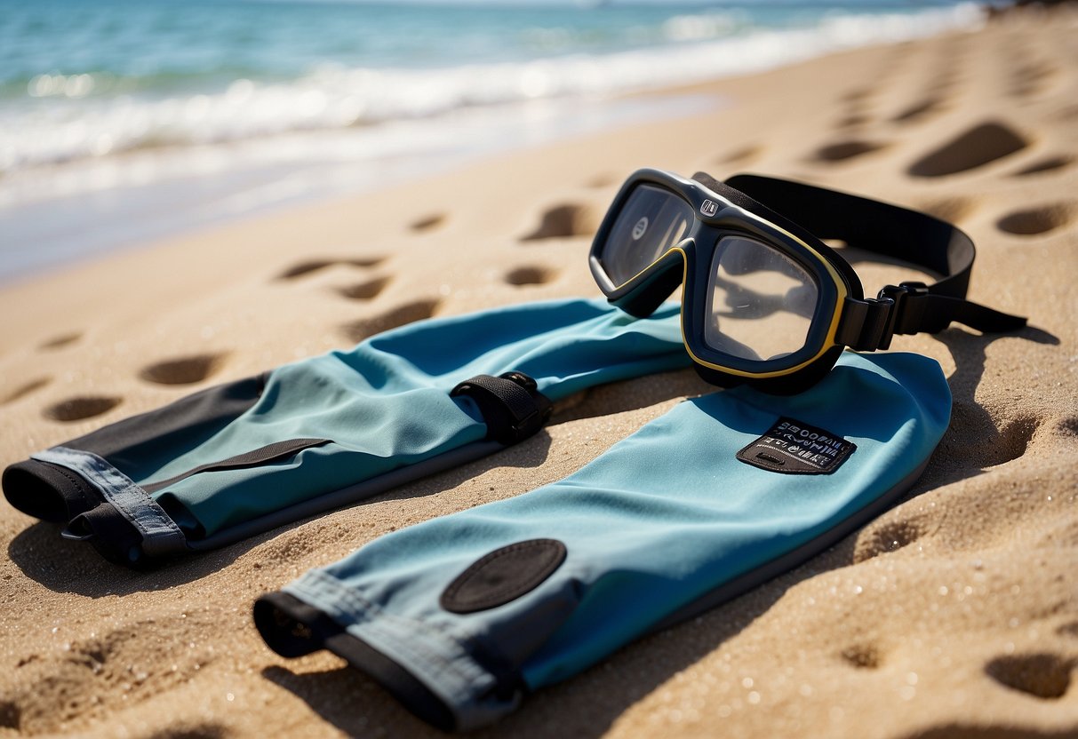 A pair of snorkeling pants is laid out on a sandy beach, with a snorkel and mask placed neatly beside them. The sun is shining and the ocean waves are gently lapping at the shore in the background