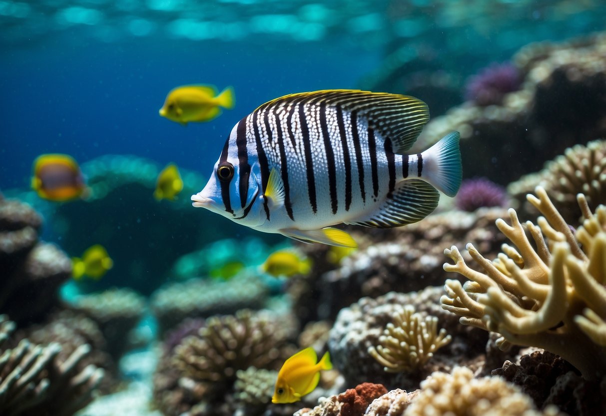 Colorful fish swim among coral reefs, while a snorkeler explores with the help of top-rated apps for underwater adventure